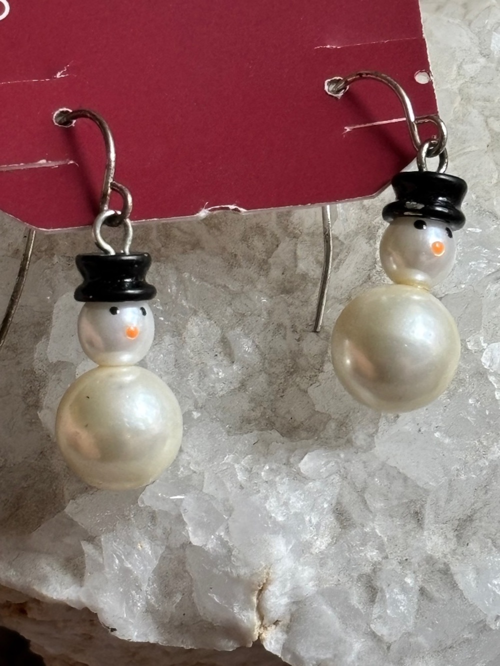 Cute White Faux Pearl Snowman Drop Earrings Black Top Hat - NEW